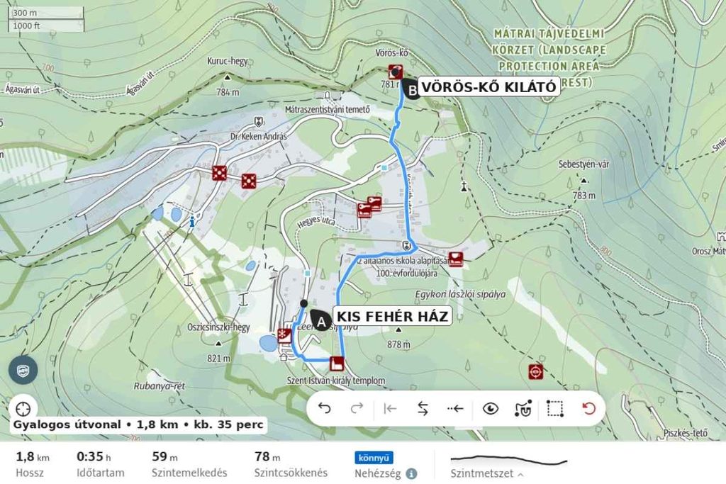 A Kis Fehér Ház és a Vörös-kő-kilátó közötti gyalogos útvonal térképe